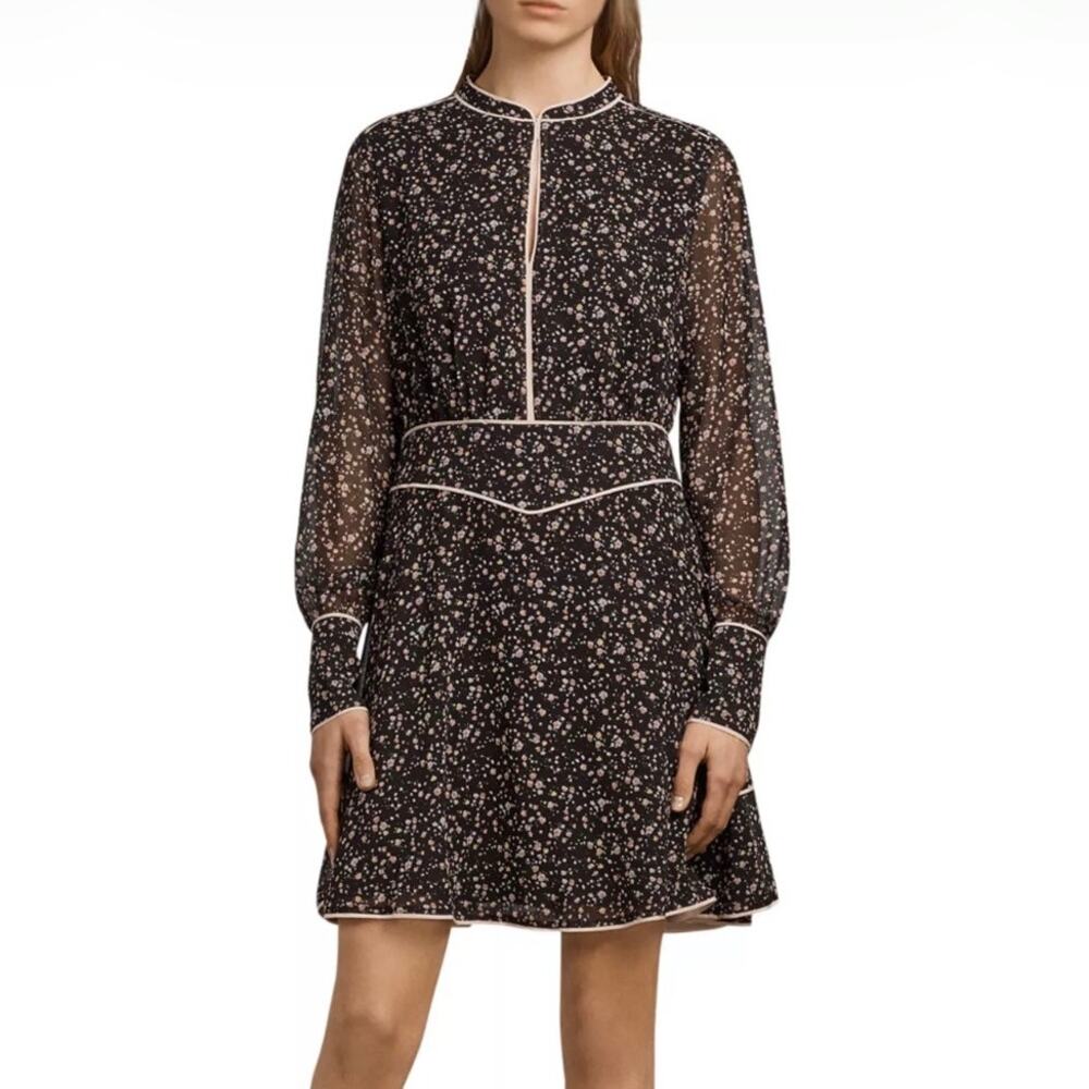 AllSaints Kay Pepper Dress Womens 2 Black Floral Print Long Sleeve Mini